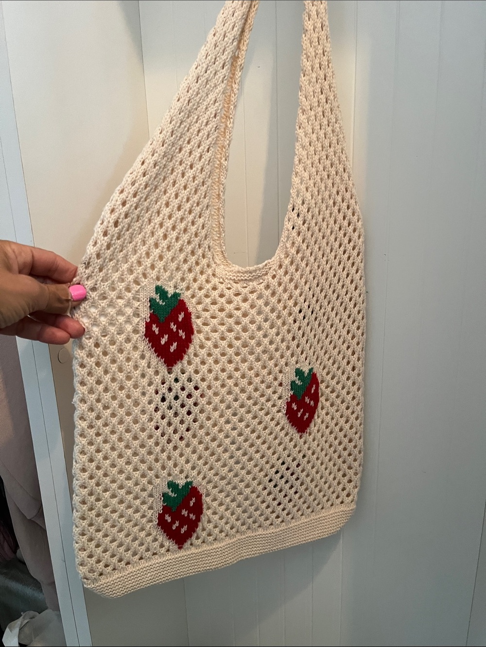 Cream Crochet Strawberry Tote Bag - Unbranded